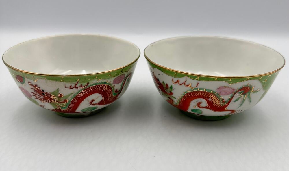 Antique Chinese Porcelain Dragon & Phoenix Soup Rice Bowls